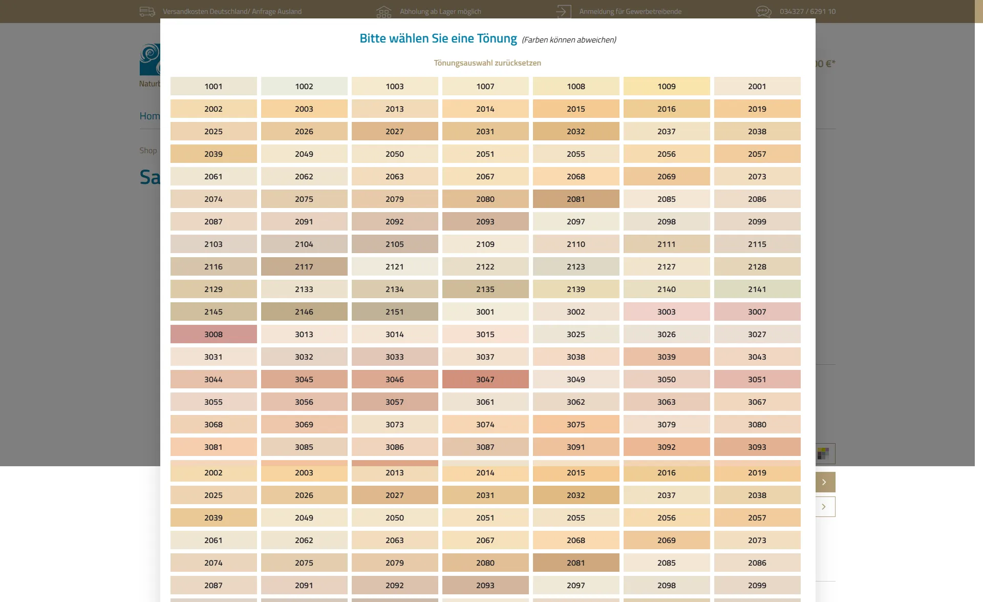 Darstellung der Farbauswahl, Screenshot vom Schreiter & Kroll Onlineshop