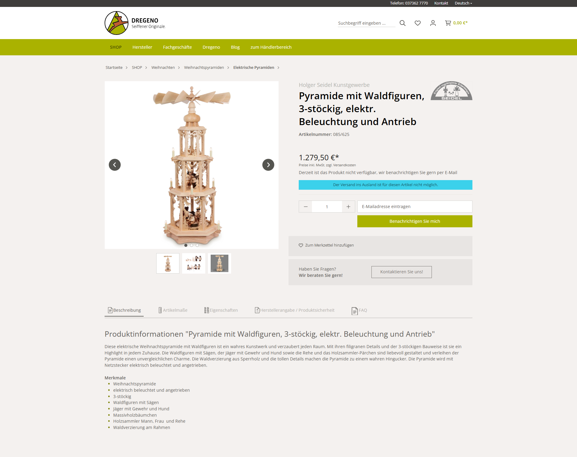 Strukturierte Produktinformationen, Beschreibung, Screenshot vom Dregeno Onlineshop