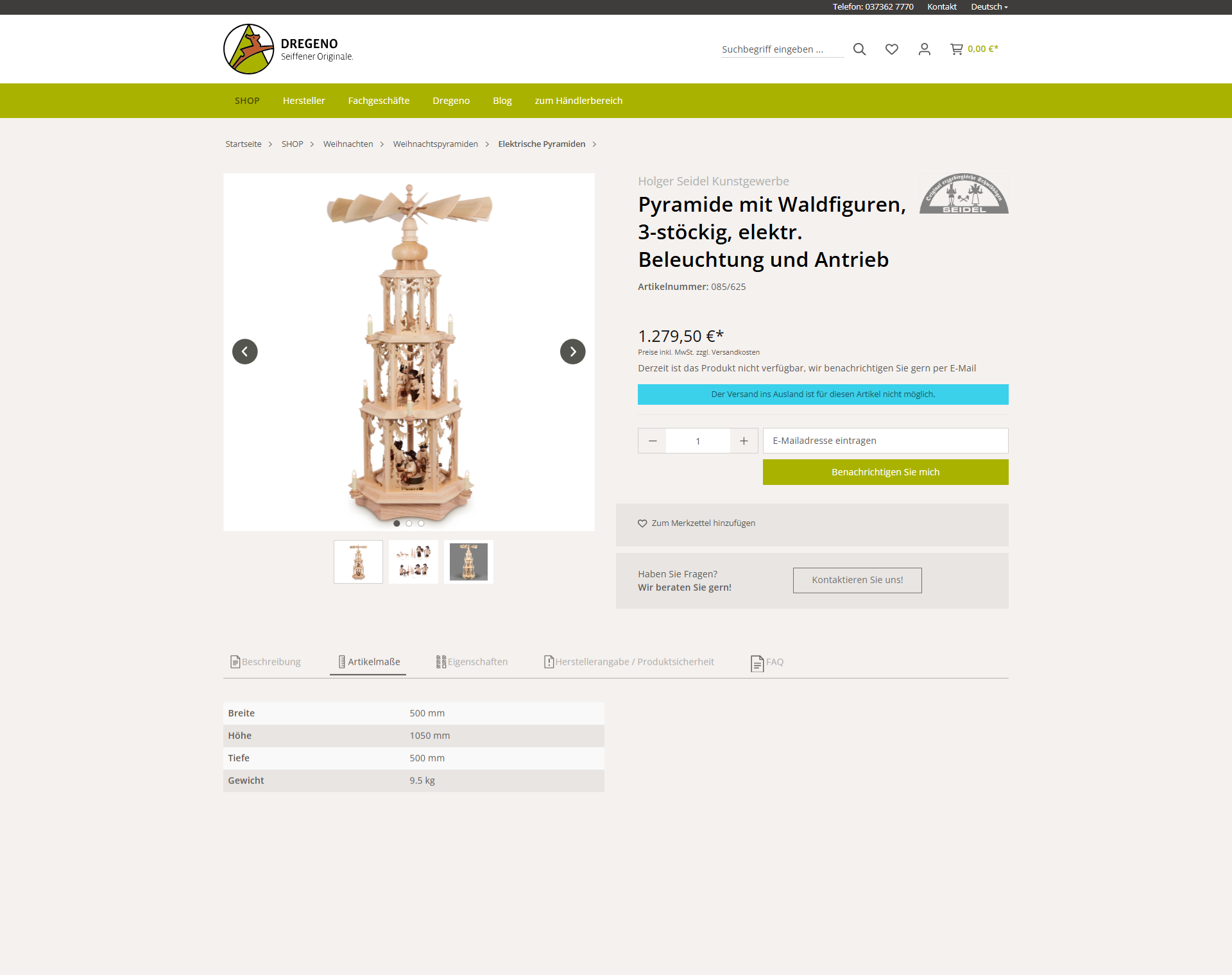Strukturierte Produktinformationen, Merkmale, Screenshot vom Dregeno Onlineshop