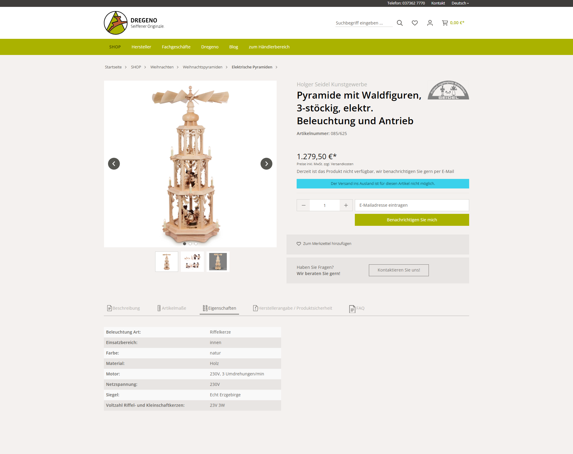 Strukturierte Produktinformationen, Eigenschaften, Screenshot vom Dregeno Onlineshop