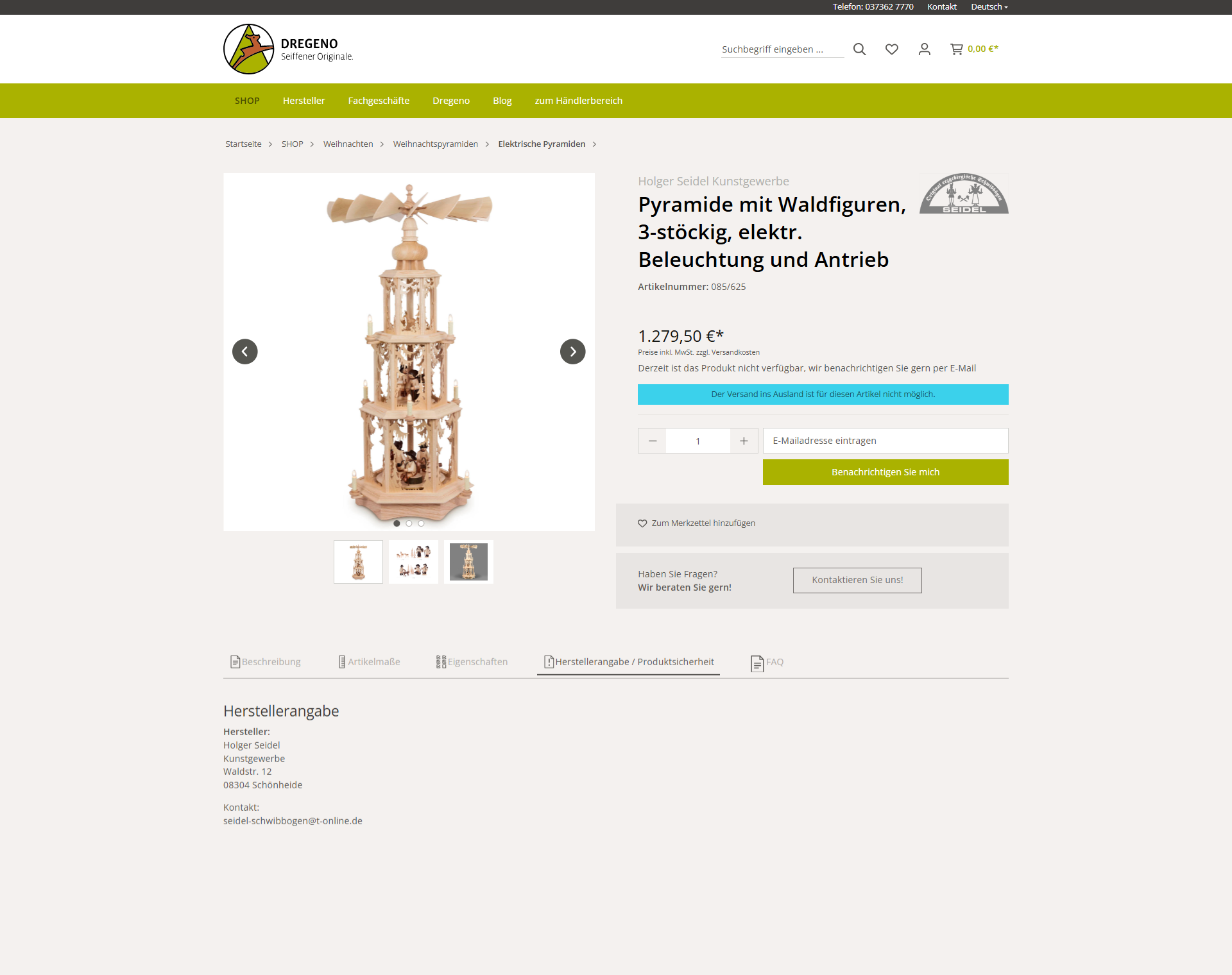 Strukturierte Produktinformationen, GPSR-Daten, Screenshot vom Dregeno Onlineshop