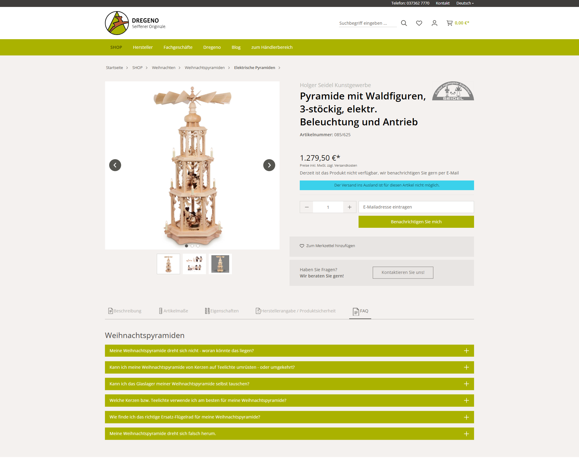 Strukturierte Produktinformationen, FAQ, Screenshot vom Dregeno Onlineshop