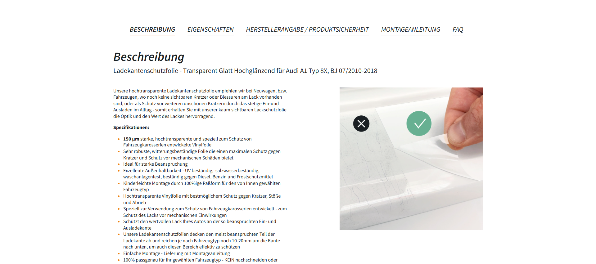 Strukturierte Produktinformationen, Beschreibung, Screenshot vom Lackschutzfolie24 Onlineshop