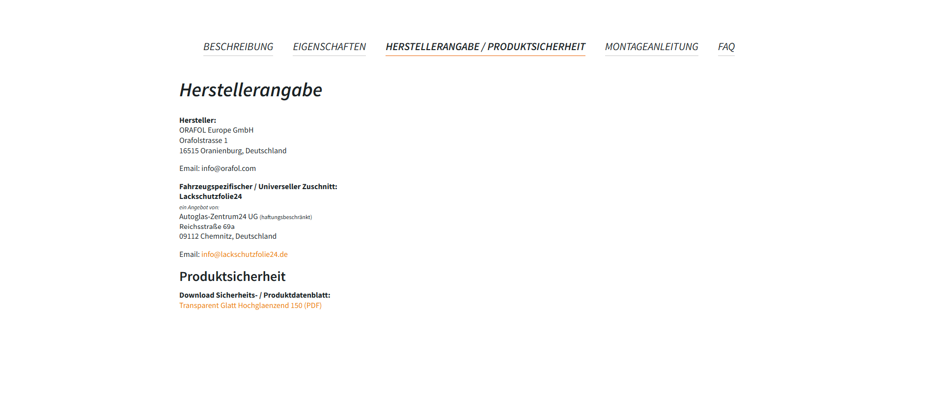 Strukturierte Produktinformationen, GPSR-Daten, Screenshot vom Lackschutzfolie24 Onlineshop