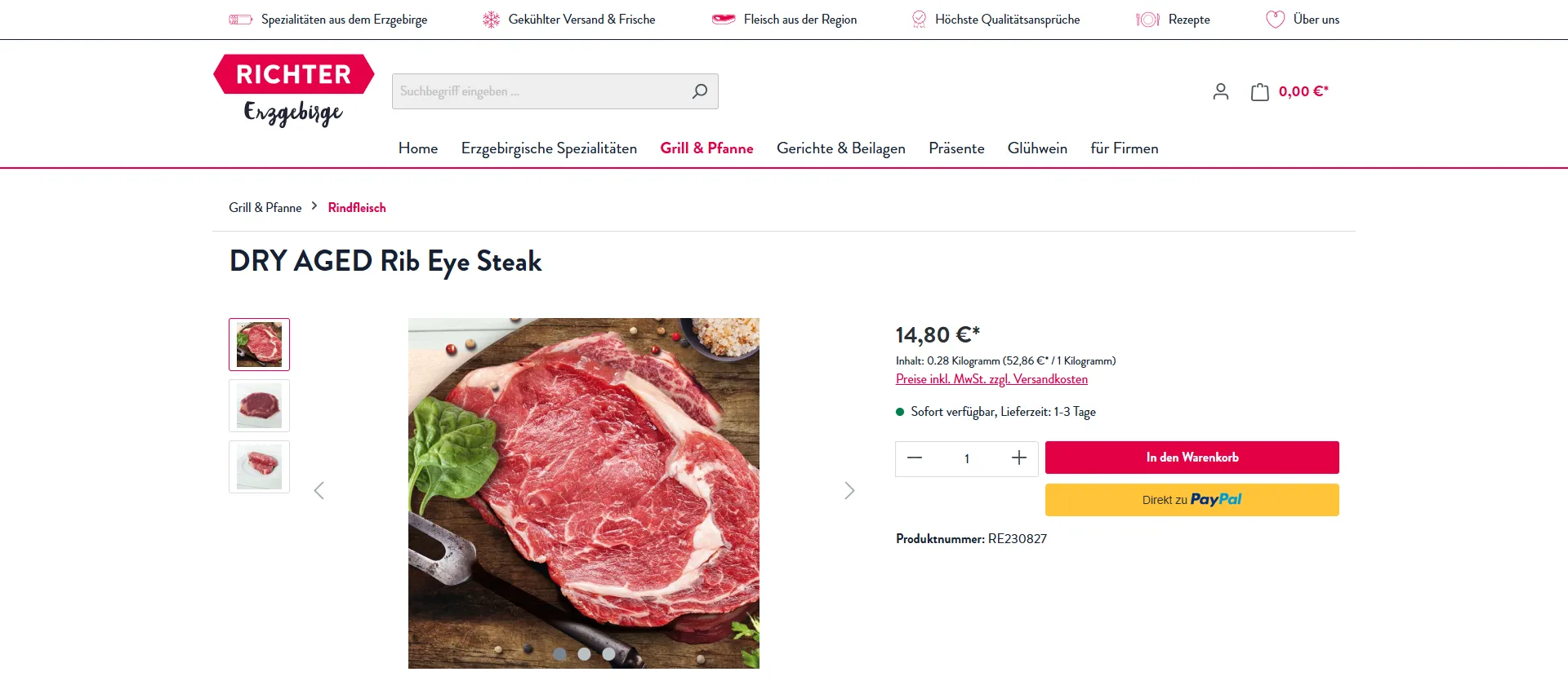 Darstellung von Versand- und Zahlungsinformationen, Screenshot vom Richter Erzgebirge Onlineshop