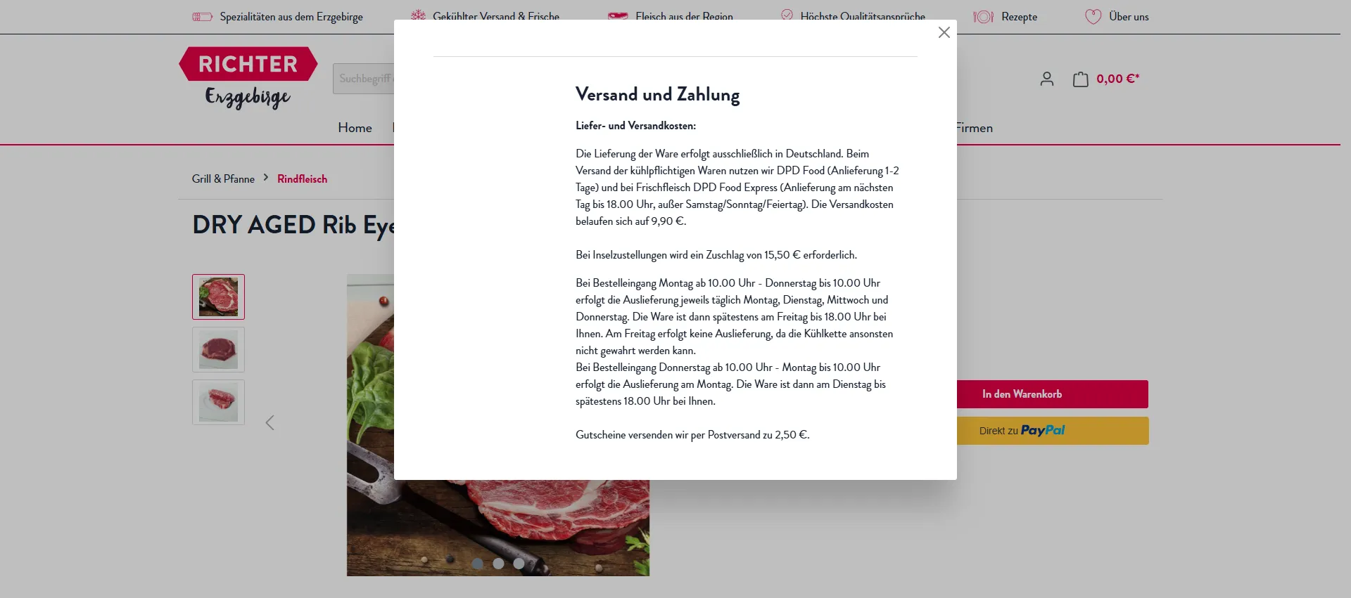 Darstellung von Versand- und Zahlungsinformationen, Screenshot vom Richter Erzgebirge Onlineshop