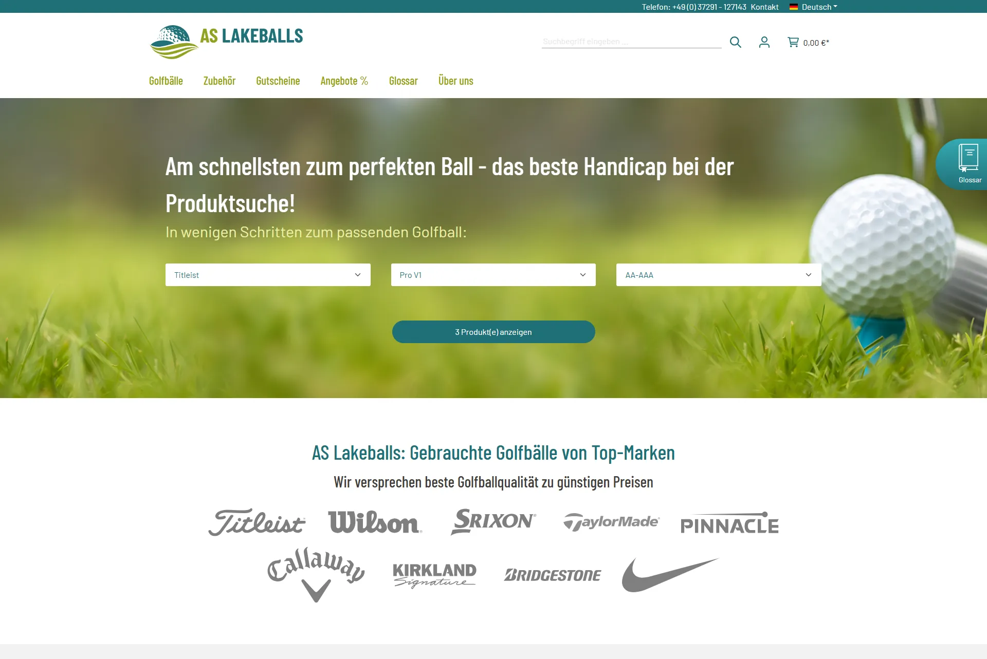 Startseite, Produktfinder, Screenshot vom AS Lakeballs Onlineshop