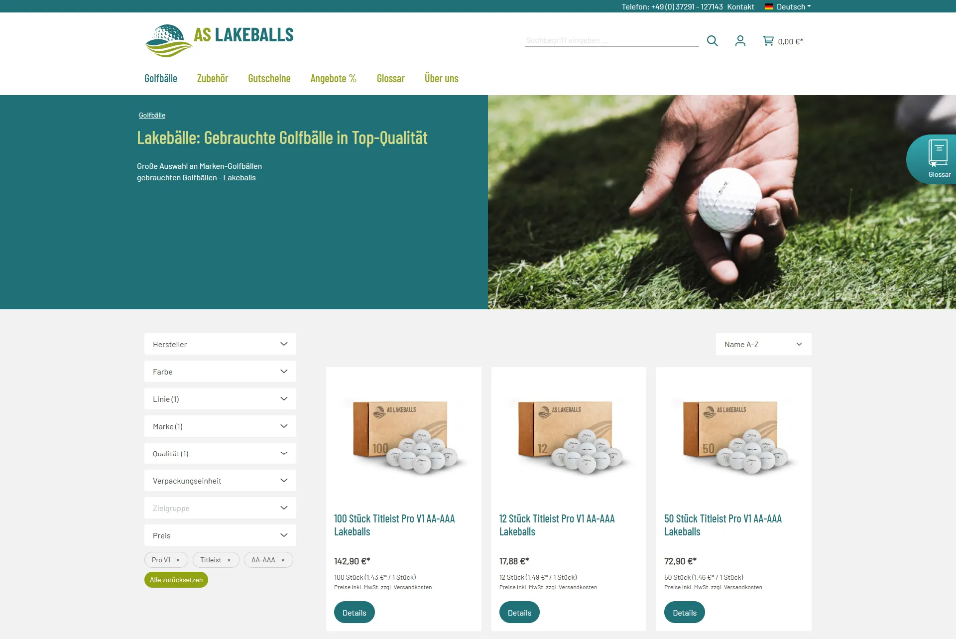 Produktfinder, Screenshot vom AS Lakeballs Onlineshop