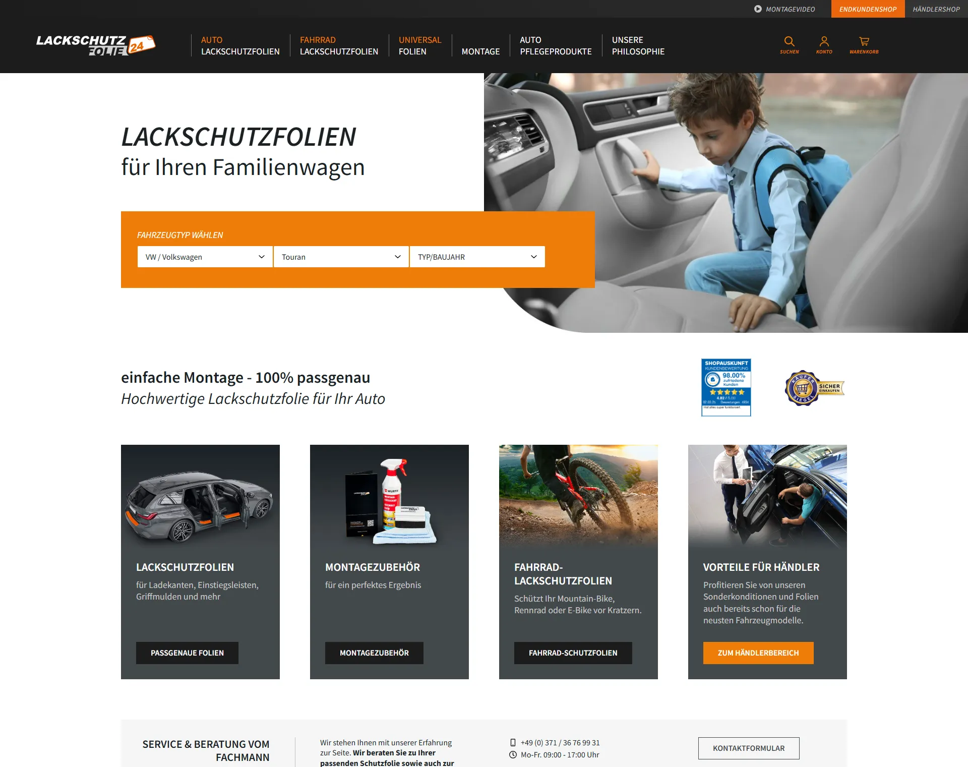 Startseite, Produktfinder, Screenshot vom Lackschutzfolien Onlineshop