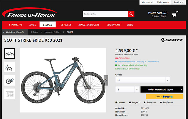 Produktdetailseite Fahrrad Screenshot