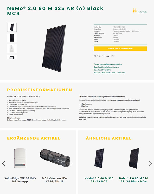 Produktdetailseite Solarpaneel Screenshot