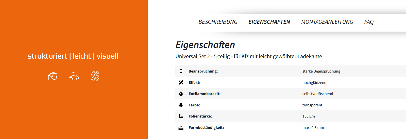 strukturierte Produktbeschreibung in Tabellenform mit Icons