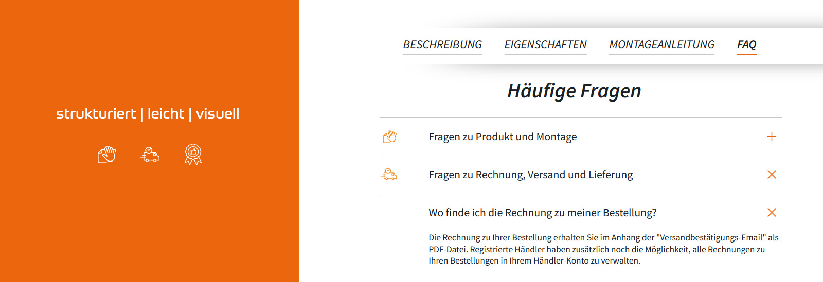 strukturierte Produktbeschreibung mit FAQ Bereich und Icons