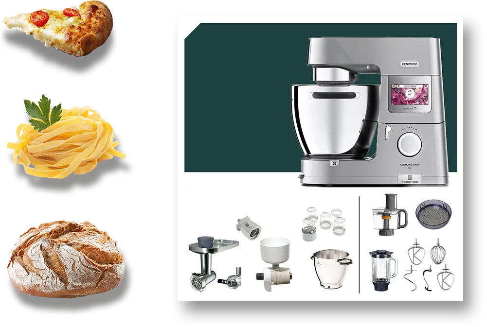 Küchenmaschinenshop Produktcard Die Produkt-Sets unterscheiden sich durch das Anwendungsgebiet welches einer passenden Illustration zugeordnet ist (z.B.: Brot - Brotback-Set)