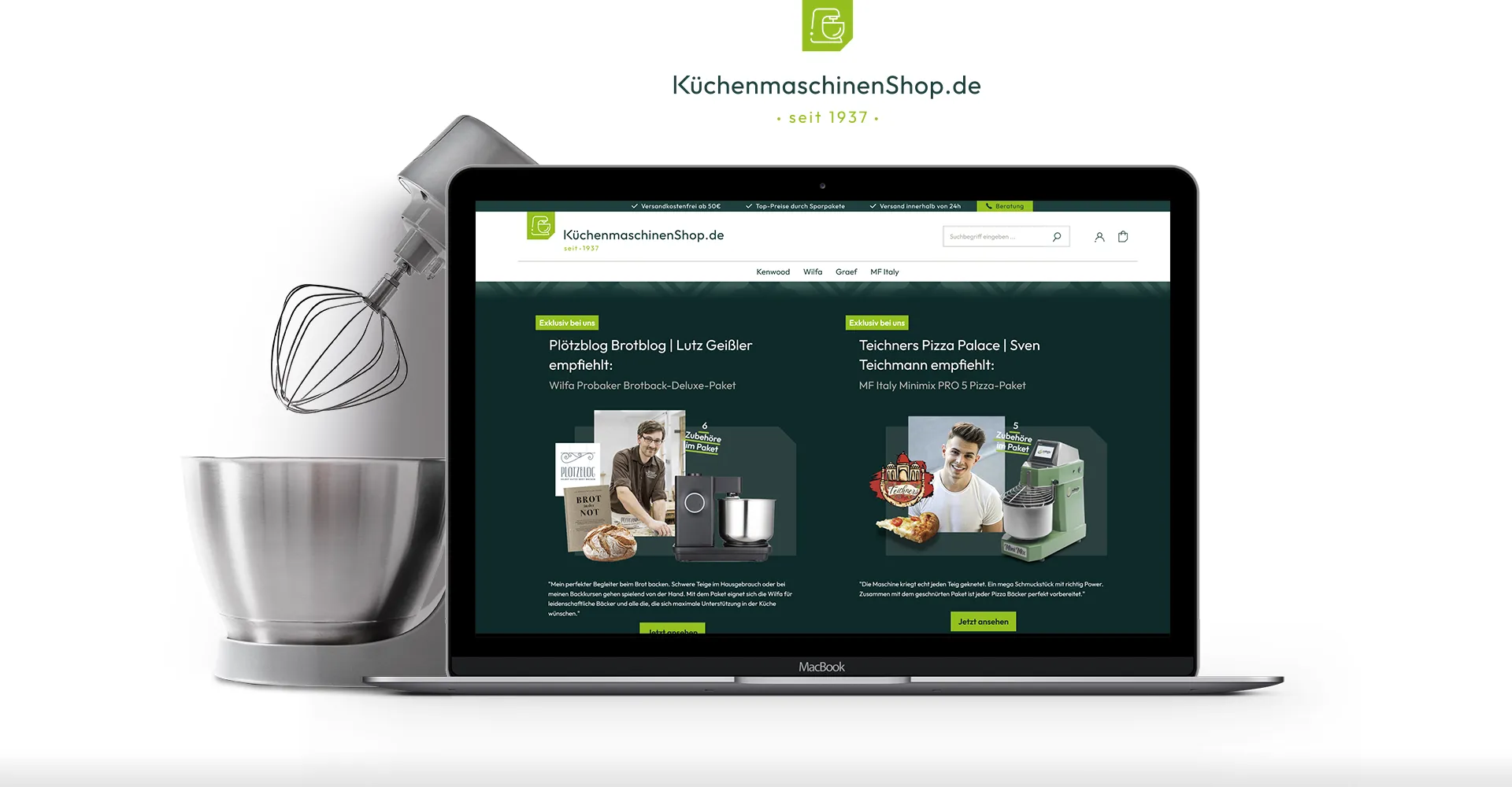 Referenz Küchenmaschinenshop.de Referenz Küchenmaschinenshop.de verkauft hochwertige Küchengeräte über den neuen Online-Shop mit grün-weißem Design
