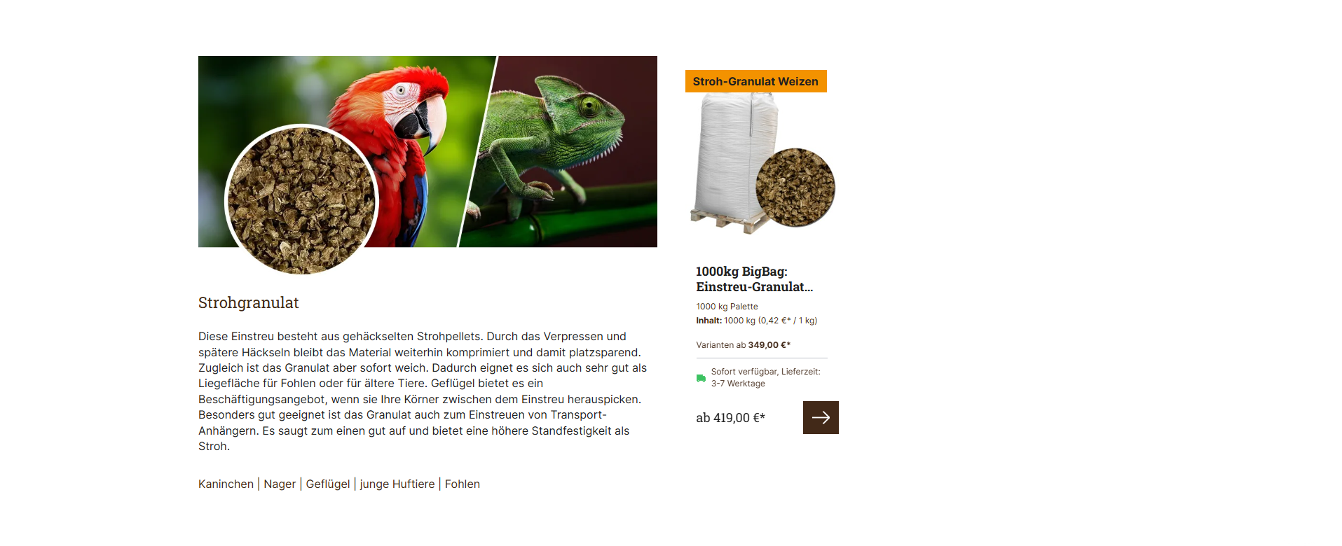 Storytelling im Shopware 6 Shop von Tier-Einstreu, Contentmarketing und passende Produktempfehlungen, umgesetzt von w3work