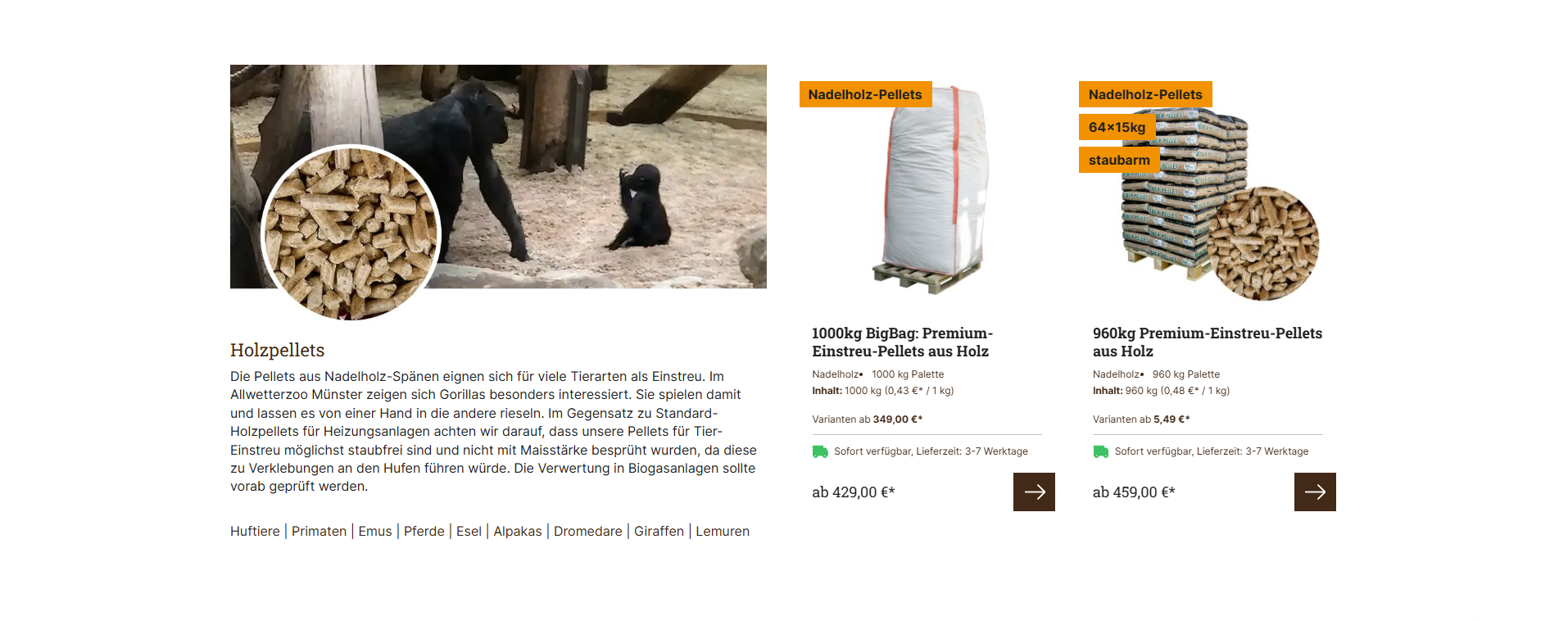 Storytelling im Shopware 6 Shop von Tier-Einstreu, Contentmarketing und passende Produktempfehlungen, umgesetzt von w3work