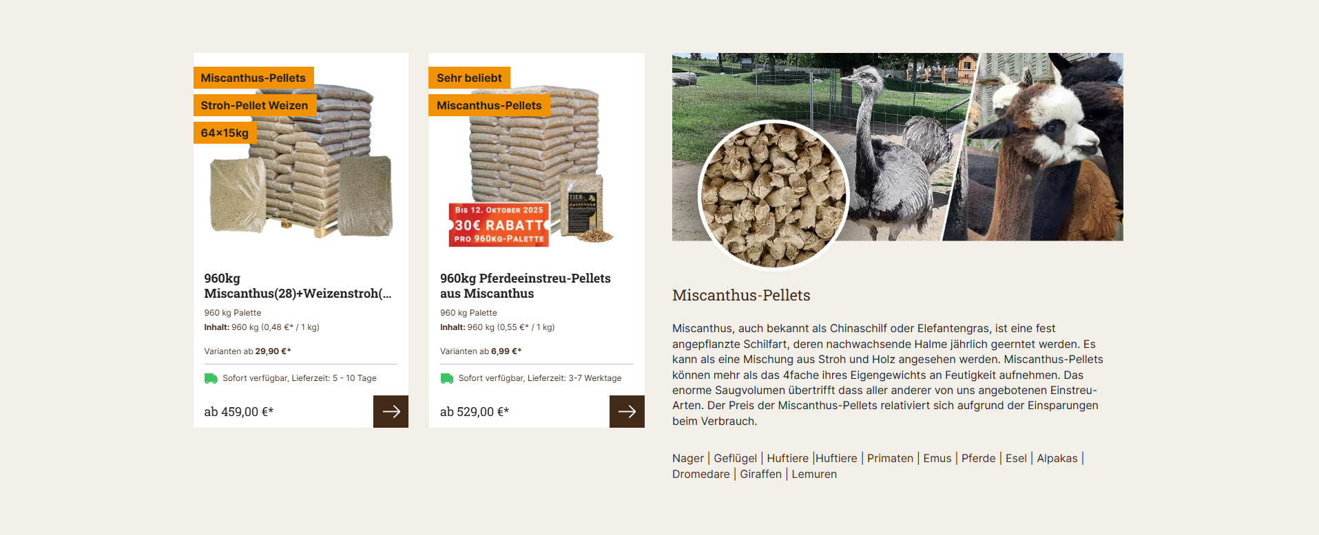 Storytelling im Shopware 6 Shop von Tier-Einstreu, Contentmarketing und passende Produktempfehlungen, umgesetzt von w3work