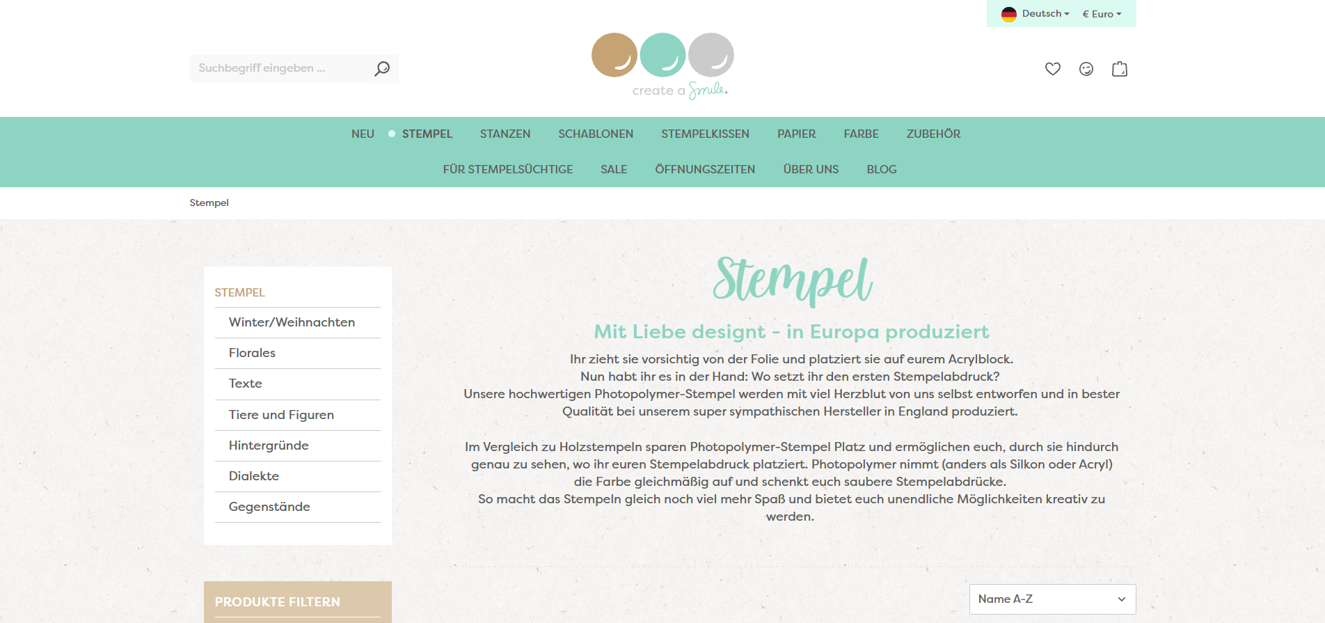 kategorieseite-create-a-smile Kategorieseite für Stempel im Create A Smile Onlineshop mit H1 und kurzem Einstiegstext (umgesetzt von w3work)