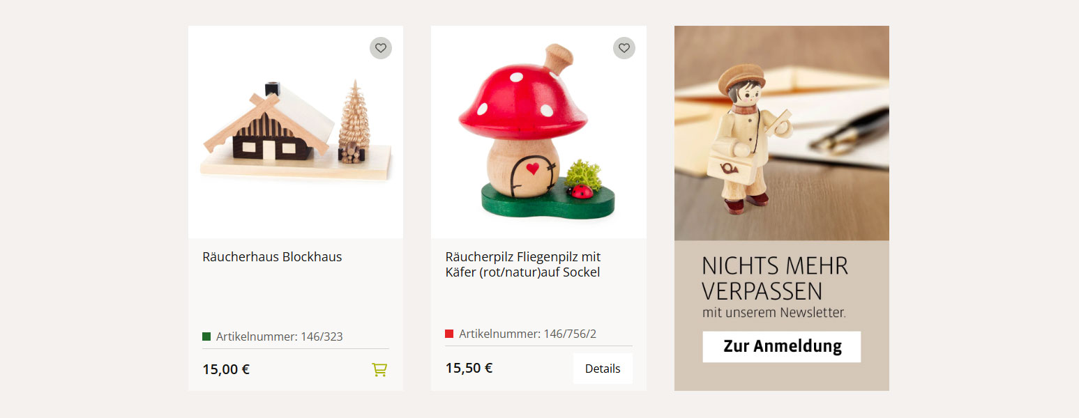 Kategorieseite für Räucher-Produkte im Dregeno Shop mit Störer-Elementen zur Verkaufsförderung (umgesetzt von w3work)