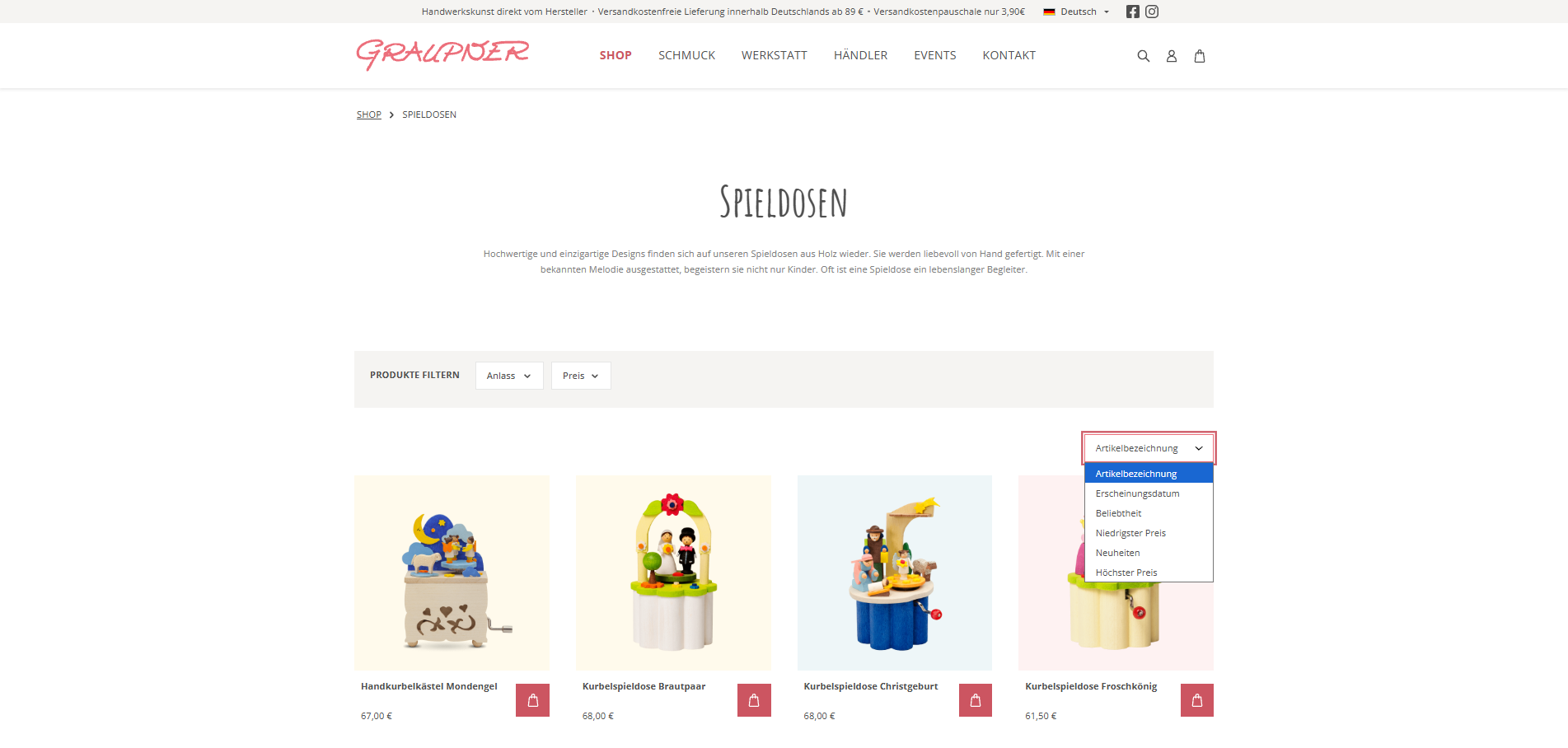 kategorieseite-graupner-holzminiaturen Kategorieseite für Spieldosen im Graupner Holzminiaturen Shop mit Sortierfunktion (umgesetzt von w3work)