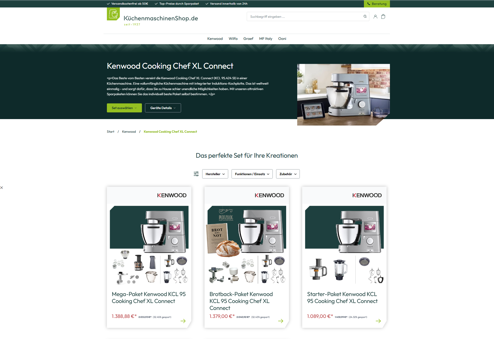 kategorieseite-kuechenmaschinen-shop Kategorieseite für Kenwood Küchenmaschinen im Küchenmaschinen-Shop mit schneller Veranschaulichung im Angebot integrierter Zubehörteile (umgesetzt von w3work)