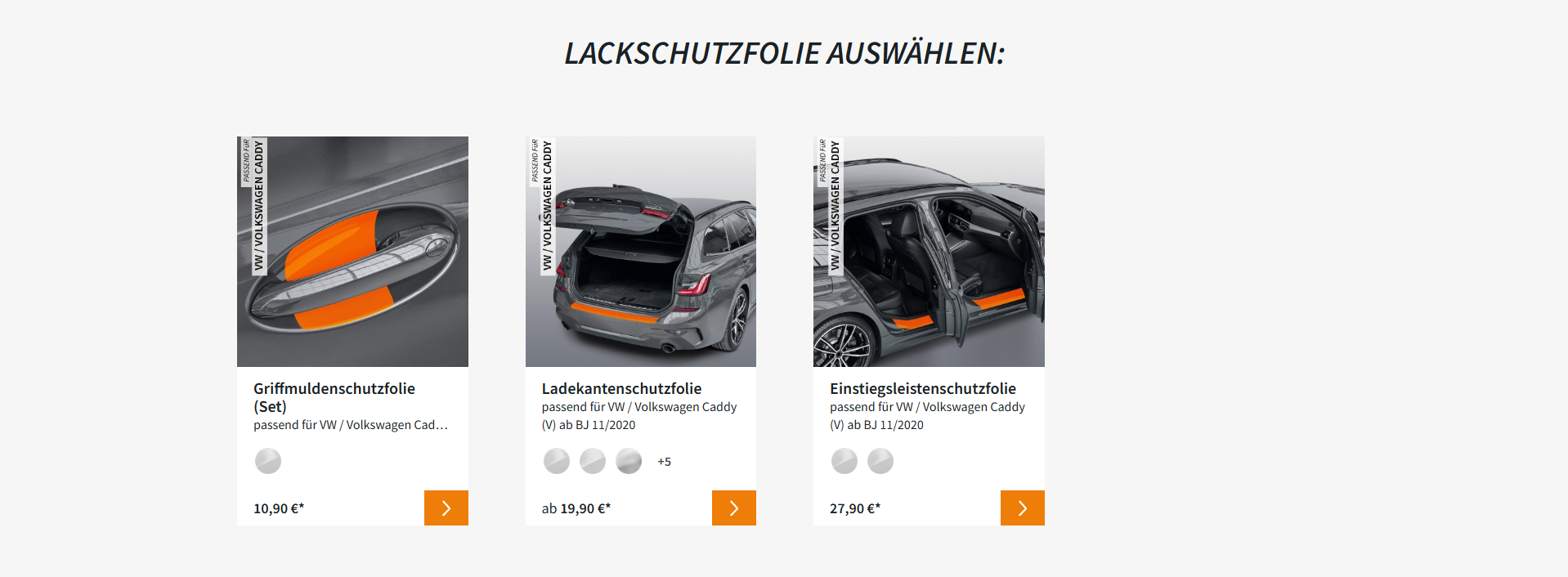 kategorieseite-lackschutzfolie24 Kategorieseite im Lackschutzfolie 24 Shop mit Variantendarstellung innerhalb einer Produktkachel (umgesetzt von w3work)