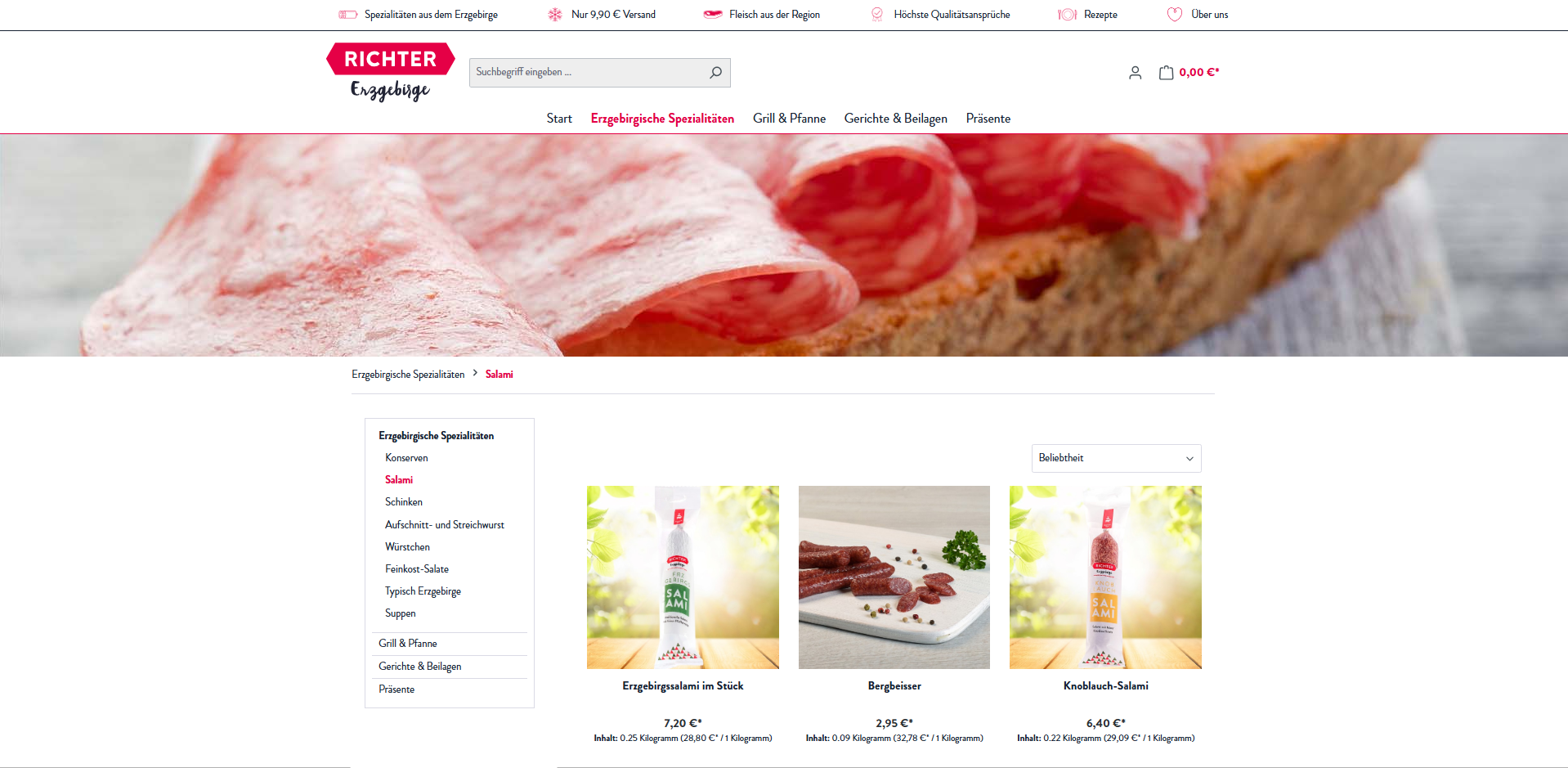 kategorieseite-richter-erzgebirge Kategorieseite für Salami-Produkte im Richter Erzgebirge Shop mit Angabe des Grundpreises (umgesetzt von w3work)