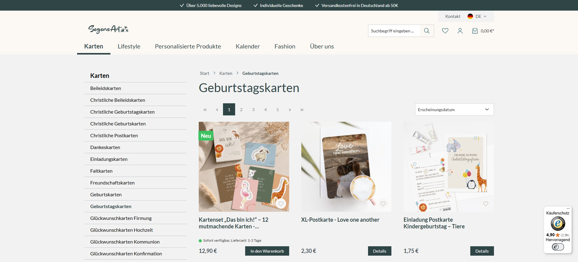 kategorieseite-segensart Kategorieseite für Geburtstagskarten im Segensart-Shop mit Breadcrumb (umgesetzt von w3work)