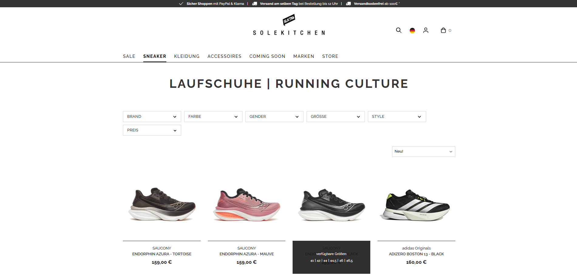 kategorieseite-solekitchen Kategorieseite für Laufschuhe im Solekitchen-Shop mit Filterung und Darstellung verfügbarer Größen via Hover-Effekt (umgesetzt von w3work)
